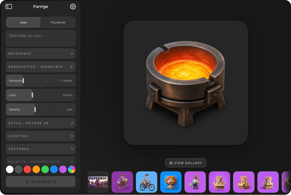 Forrrge for iPad: the same workbench — controls sidebar, lit stage, and a filmstrip of renders
